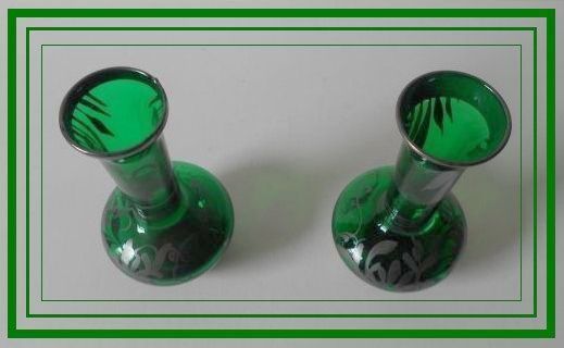 A Charming Pair of Venetian Emerald Green Silver Overlay Glass Vases A Charming Pair of Venetian Emerald Green Silver Overlay Glass Vases