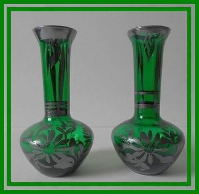 A Charming Pair of Venetian Emerald Green Silver Overlay Glass Vases A Charming Pair of Venetian Emerald Green Silver Overlay Glass Vases