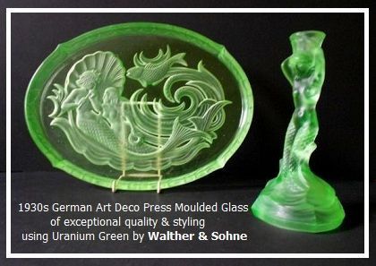 Phenomenal 1930s German Art Deco 7 piece Uranium Glass Vanity Set / Trinket Set by Walther & Sohne, Phenomenal 1930s German Art Deco 7 piece Uranium Glass Vanity Set / Trinket Set by Walther & Sohne,