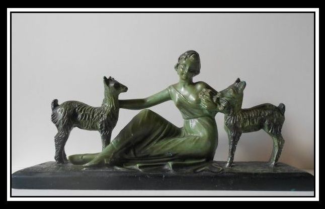 Original & Delightful 1930's French Art Deco 'dame et le chevreuil' Lady & Roe Deer Sculpture Original & Delightful 1930's French Art Deco 'dame et le chevreuil' Lady & Roe Deer Sculpture