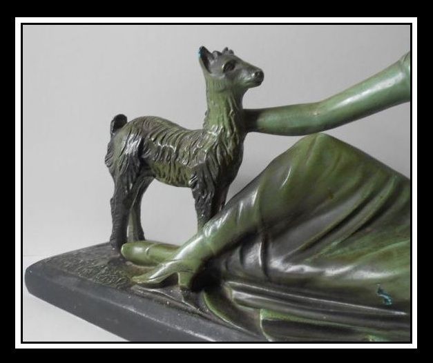 Original & Delightful 1930's French Art Deco 'dame et le chevreuil' Lady & Roe Deer Sculpture Original & Delightful 1930's French Art Deco 'dame et le chevreuil' Lady & Roe Deer Sculpture