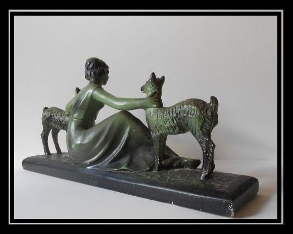 Original & Delightful 1930's French Art Deco 'dame et le chevreuil' Lady & Roe Deer Sculpture Original & Delightful 1930's French Art Deco 'dame et le chevreuil' Lady & Roe Deer Sculpture