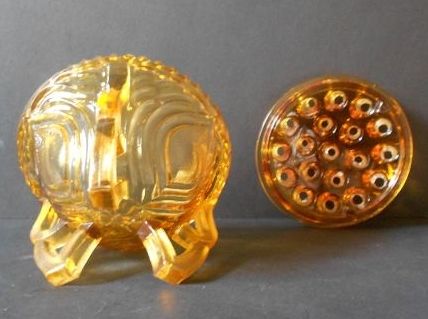 Sowerby, English Art Deco Large Amber Glass Two Piece Rose Bowl Sowerby, English Art Deco Large Amber Glass Two Piece Rose Bowl