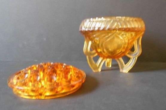 Sowerby, English Art Deco Large Amber Glass Two Piece Rose Bowl Sowerby, English Art Deco Large Amber Glass Two Piece Rose Bowl