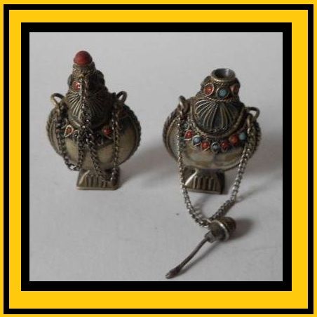 Superb Pair of Antique Tibetan Silver Pedestal Temple Snuff Bottles. Early 20th century Superb Pair of Antique Tibetan Silver Pedestal Temple Snuff Bottles. Early 20th century