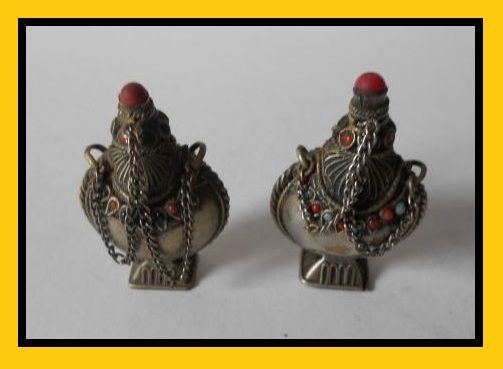 Superb Pair of Antique Tibetan Silver Pedestal Temple Snuff Bottles. Early 20th century Superb Pair of Antique Tibetan Silver Pedestal Temple Snuff Bottles. Early 20th century