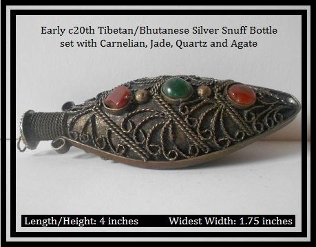 Outstanding Antique Tibetan / Bhutanese Silver Snuff Bottle, with Semi Precious Stones. Early 20th century. Outstanding Antique Tibetan / Bhutanese Silver Snuff Bottle, with Semi Precious Stones. Early 20th century.