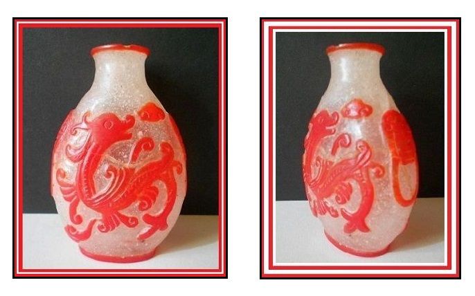 Liu Li Peking Ice Glass Snuff Bottle with Cameo Carved Scarlet Red Dragons Liu Li Peking Ice Glass Snuff Bottle with Cameo Carved Scarlet Red Dragons