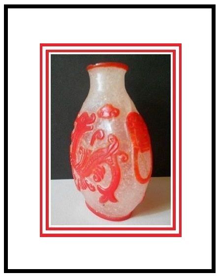 Liu Li Peking Ice Glass Snuff Bottle with Cameo Carved Scarlet Red Dragons Liu Li Peking Ice Glass Snuff Bottle with Cameo Carved Scarlet Red Dragons