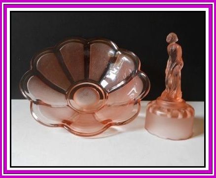 Superb1930s Art Deco 3 part Pink Glass Lady & Bowl Center Piece Display by Muller Superb1930s Art Deco 3 part Pink Glass Lady & Bowl Center Piece Display by Muller