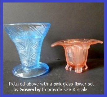 1930's English Art Deco Translucent Blue Depression Glass Flower Vase Display Set by Sowerby 1930's English Art Deco Translucent Blue Depression Glass Flower Vase Display Set by Sowerby