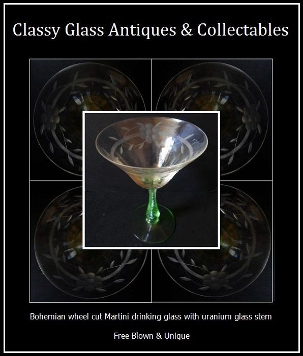 Uranium Stemmed & Wheel Cut Martini Wine Drinking Glass. Bohemian Uranium Stemmed & Wheel Cut Martini Wine Drinking Glass. Bohemian