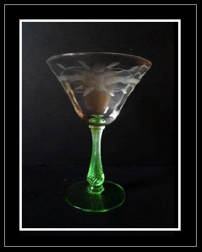 Uranium Stemmed & Wheel Cut Martini Wine Drinking Glass. Bohemian Uranium Stemmed & Wheel Cut Martini Wine Drinking Glass. Bohemian