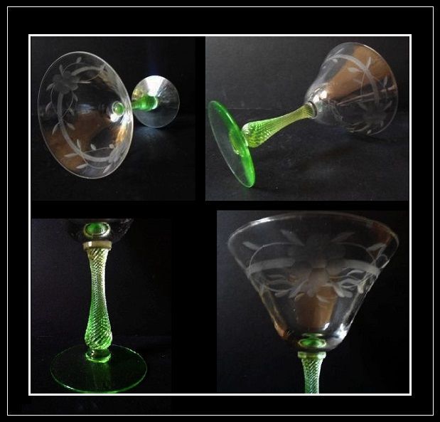 Uranium Stemmed & Wheel Cut Martini Wine Drinking Glass. Bohemian Uranium Stemmed & Wheel Cut Martini Wine Drinking Glass. Bohemian