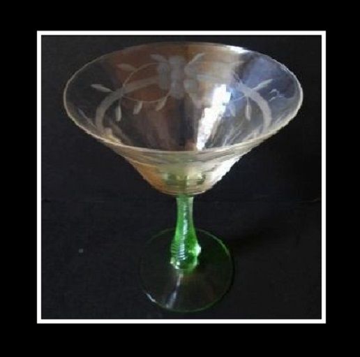Uranium Stemmed & Wheel Cut Martini Wine Drinking Glass. Bohemian Uranium Stemmed & Wheel Cut Martini Wine Drinking Glass. Bohemian
