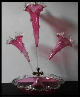 Antique English Victorian 3 Flute Cranberry Glass & Crystal Epergne Antique English Victorian 3 Flute Cranberry Glass & Crystal Epergne