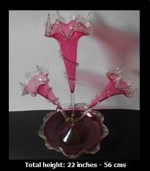 Antique English Victorian 3 Flute Cranberry Glass & Crystal Epergne Antique English Victorian 3 Flute Cranberry Glass & Crystal Epergne