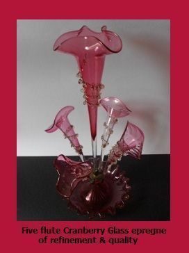 HALF PRICE REDUCTION... Magnificent English Victorian Antique 5 Trumpet Flute Crystal Cased Cranberry Glass Epergne. MINT CONDITION HALF PRICE REDUCTION... Magnificent English Victorian Antique 5 Trumpet Flute Crystal Cased Cranberry Glass Epergne. MINT CONDITION