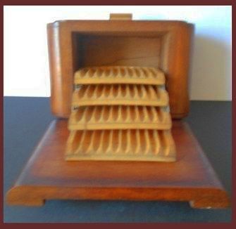 Handsome Handmade English Art Deco Large Wooden Cigar Cigarette Case with four Concealed Internal Shelves. Handsome Handmade English Art Deco Large Wooden Cigar Cigarette Case with four Concealed Internal Shelves.