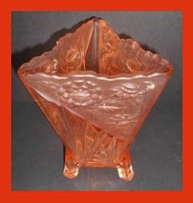1930s English Art Deco ` Chrysanthemum ' Flower Pattern Pink - Peach Glass Vase by Sowerby. 1930s English Art Deco ` Chrysanthemum ' Flower Pattern Pink - Peach Glass Vase by Sowerby.