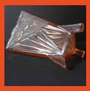 1930s English Art Deco ` Chrysanthemum ' Flower Pattern Pink - Peach Glass Vase by Sowerby. 1930s English Art Deco ` Chrysanthemum ' Flower Pattern Pink - Peach Glass Vase by Sowerby.