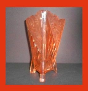 1930s English Art Deco ` Chrysanthemum ' Flower Pattern Pink - Peach Glass Vase by Sowerby. 1930s English Art Deco ` Chrysanthemum ' Flower Pattern Pink - Peach Glass Vase by Sowerby.