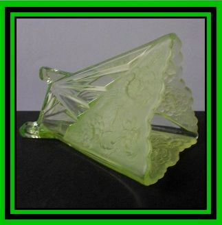 1930s English Art Deco Chrysanthemum pattern Uranium Green Glass Vase by Sowerby. 1930s English Art Deco Chrysanthemum pattern Uranium Green Glass Vase by Sowerby.
