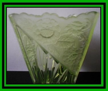 1930s English Art Deco Chrysanthemum pattern Uranium Green Glass Vase by Sowerby. 1930s English Art Deco Chrysanthemum pattern Uranium Green Glass Vase by Sowerby.