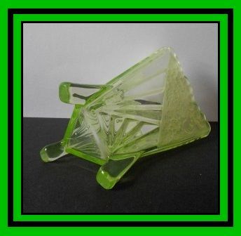 1930s English Art Deco Chrysanthemum pattern Uranium Green Glass Vase by Sowerby. 1930s English Art Deco Chrysanthemum pattern Uranium Green Glass Vase by Sowerby.
