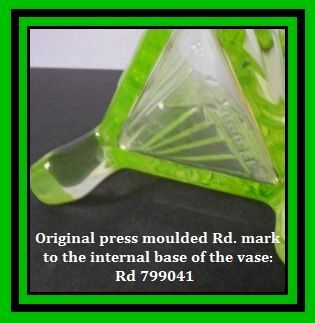 1930s English Art Deco Chrysanthemum pattern Uranium Green Glass Vase by Sowerby. 1930s English Art Deco Chrysanthemum pattern Uranium Green Glass Vase by Sowerby.