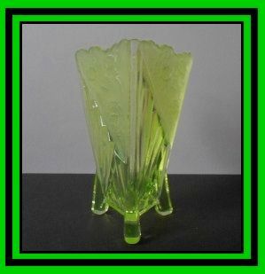 1930s English Art Deco Chrysanthemum pattern Uranium Green Glass Vase by Sowerby. 1930s English Art Deco Chrysanthemum pattern Uranium Green Glass Vase by Sowerby.