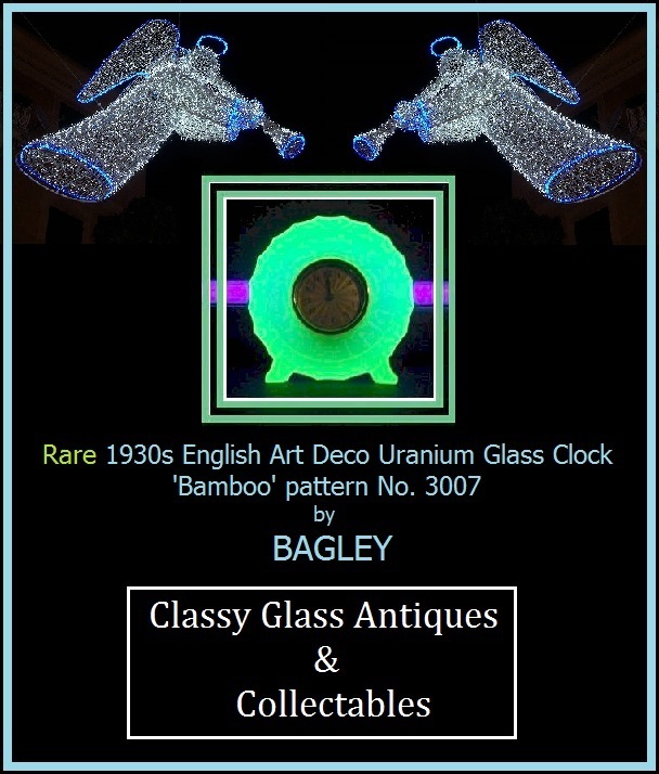 * SALE PRICE * Bamboo Pattern Uranium Glass Art Deco Clock by Bagley, England Exceptionally rare. * SALE PRICE * Bamboo Pattern Uranium Glass Art Deco Clock by Bagley, England Exceptionally rare.
