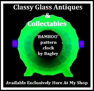* SALE PRICE * Bamboo Pattern Uranium Glass Art Deco Clock by Bagley, England Exceptionally rare. * SALE PRICE * Bamboo Pattern Uranium Glass Art Deco Clock by Bagley, England Exceptionally rare.