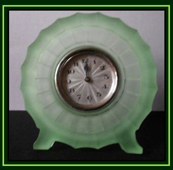 * SALE PRICE * Bamboo Pattern Uranium Glass Art Deco Clock by Bagley, England Exceptionally rare. * SALE PRICE * Bamboo Pattern Uranium Glass Art Deco Clock by Bagley, England Exceptionally rare.