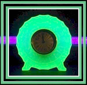 * SALE PRICE * Bamboo Pattern Uranium Glass Art Deco Clock by Bagley, England Exceptionally rare. * SALE PRICE * Bamboo Pattern Uranium Glass Art Deco Clock by Bagley, England Exceptionally rare.