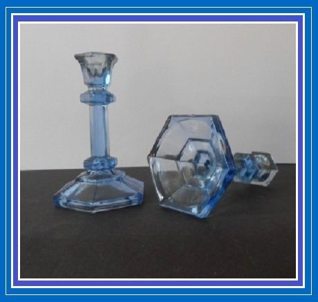 Continental European 1930s Art Deco Blue Depression Glass Candlesticks. Continental European 1930s Art Deco Blue Depression Glass Candlesticks.