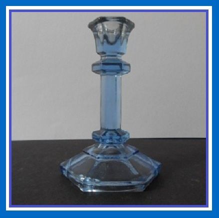 Continental European 1930s Art Deco Blue Depression Glass Candlesticks. Continental European 1930s Art Deco Blue Depression Glass Candlesticks.
