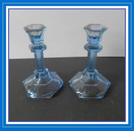 Continental European 1930s Art Deco Blue Depression Glass Candlesticks. Continental European 1930s Art Deco Blue Depression Glass Candlesticks.