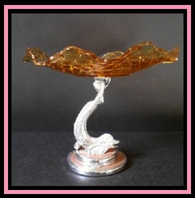 1930s English Art Deco Bagley Glass Dish Comport With Chromium Metal Dolphin Stem & Guilloche Enamel Base 1930s English Art Deco Bagley Glass Dish Comport With Chromium Metal Dolphin Stem & Guilloche Enamel Base