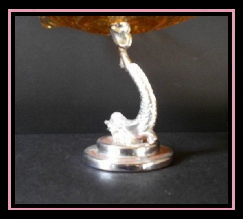 1930s English Art Deco Bagley Glass Dish Comport With Chromium Metal Dolphin Stem & Guilloche Enamel Base 1930s English Art Deco Bagley Glass Dish Comport With Chromium Metal Dolphin Stem & Guilloche Enamel Base