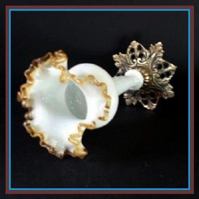 Victorian Style White Opal Glass & Amber Frilled Vase with Metal Mount. Victorian Style White Opal Glass & Amber Frilled Vase with Metal Mount.