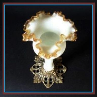 Victorian Style White Opal Glass & Amber Frilled Vase with Metal Mount. Victorian Style White Opal Glass & Amber Frilled Vase with Metal Mount.