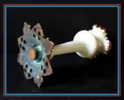 Victorian Style White Opal Glass & Amber Frilled Vase with Metal Mount. Victorian Style White Opal Glass & Amber Frilled Vase with Metal Mount.