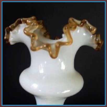 Victorian Style White Opal Glass & Amber Frilled Vase with Metal Mount. Victorian Style White Opal Glass & Amber Frilled Vase with Metal Mount.