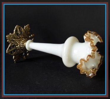Victorian Style White Opal Glass & Amber Frilled Vase with Metal Mount. Victorian Style White Opal Glass & Amber Frilled Vase with Metal Mount.