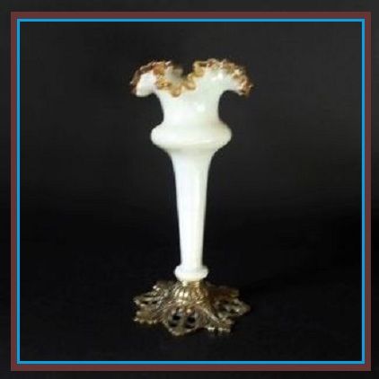 Victorian Style White Opal Glass & Amber Frilled Vase with Metal Mount. Victorian Style White Opal Glass & Amber Frilled Vase with Metal Mount.