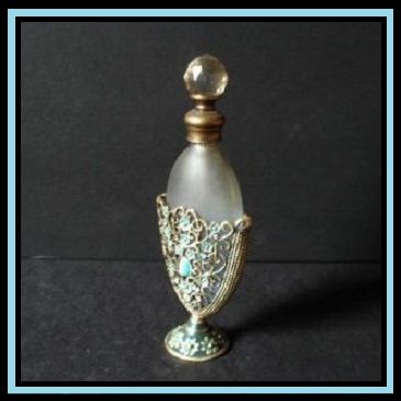 Vintage Perfume Bottle with Jewelled & Filigree Metal & Enamel Mount Vintage Perfume Bottle with Jewelled & Filigree Metal & Enamel Mount