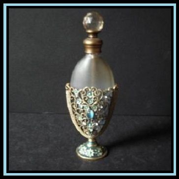 Vintage Perfume Bottle with Jewelled & Filigree Metal & Enamel Mount Vintage Perfume Bottle with Jewelled & Filigree Metal & Enamel Mount