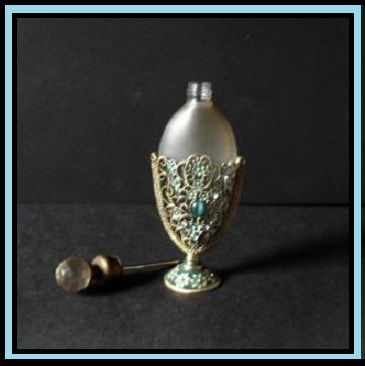 Vintage Perfume Bottle with Jewelled & Filigree Metal & Enamel Mount Vintage Perfume Bottle with Jewelled & Filigree Metal & Enamel Mount