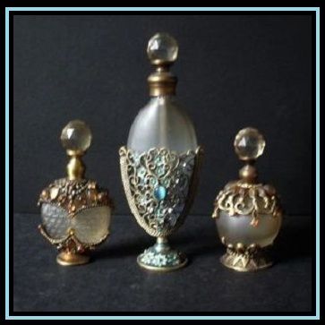 Vintage Perfume Bottle with Jewelled & Filigree Metal & Enamel Mount Vintage Perfume Bottle with Jewelled & Filigree Metal & Enamel Mount